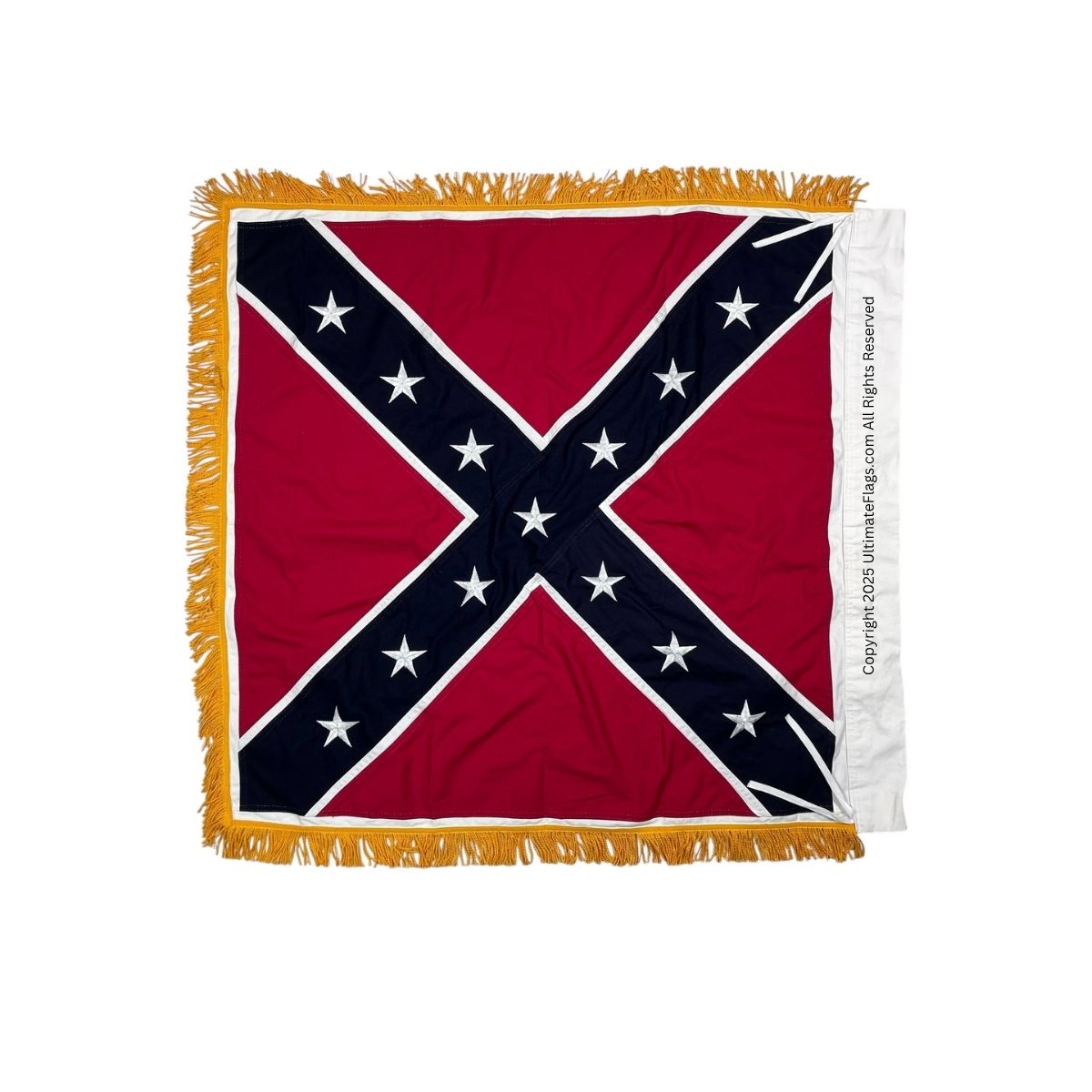 confederate artillery battle flag – 38x38 inch square cotton with gold fringe & sleeve / polehem – civil war replica
