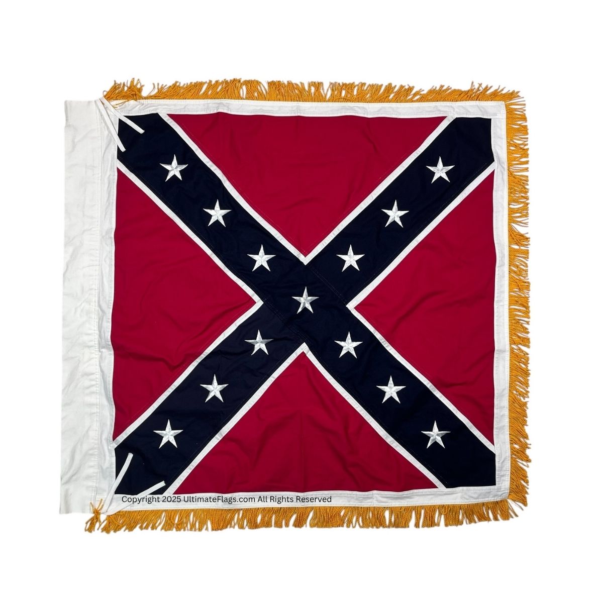 confederate artillery battle flag – 38x38 inch square cotton with gold fringe & sleeve / polehem – civil war replica