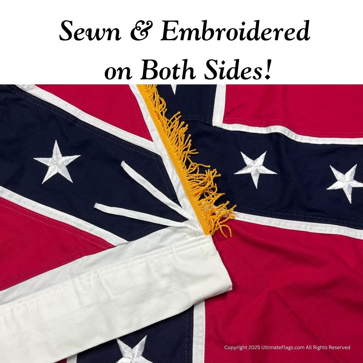 confederate artillery battle flag – 38x38 inch square cotton with gold fringe & sleeve / polehem – civil war replica