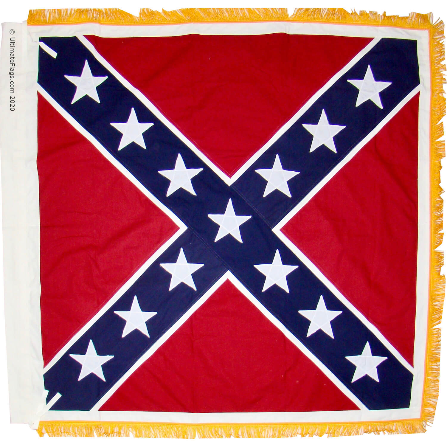 Confederate Battle Flag Infantry 52 x 52 inch cotton embroidered with pole sleeve / ties and gold fringe
