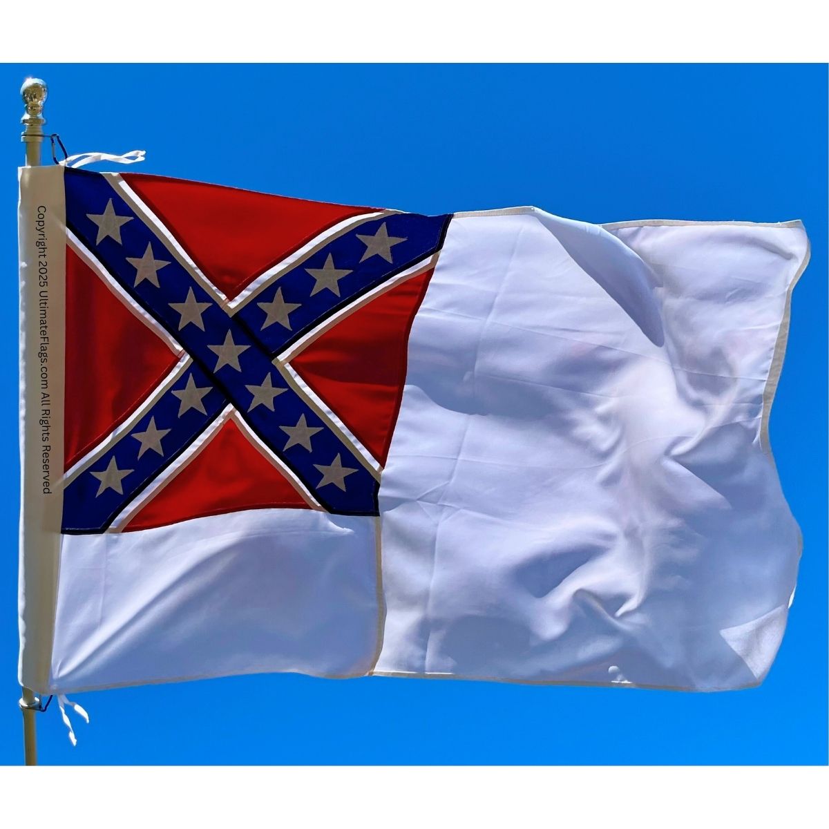 confederate 2nd national flag 3 x 6 ft. with pole hem / sleeve and ties sewn premium cotton embroidered (re enactors quality)