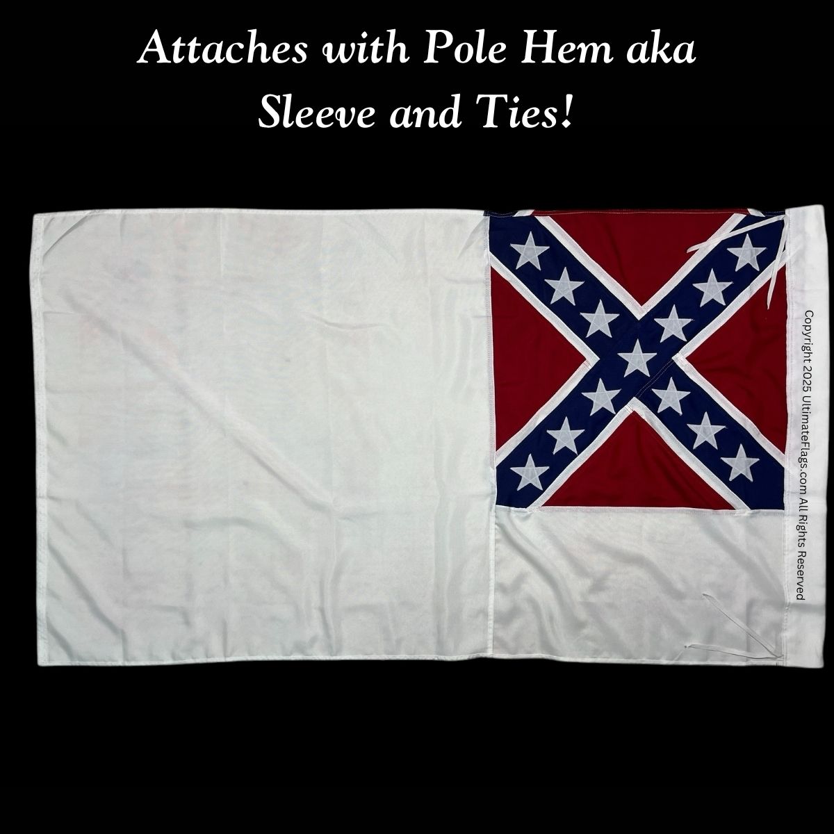 confederate 2nd national flag 3 x 6 ft. with pole hem / sleeve and ties sewn premium cotton embroidered (re enactors quality)