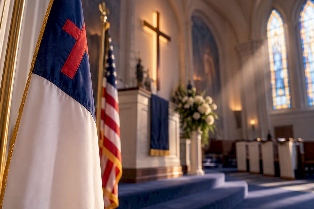 Christian flag displayed near church altar