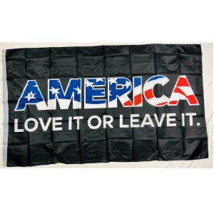 america love it or leave it flag in black 3x5 with America filled in with Patriotic USA flag colors