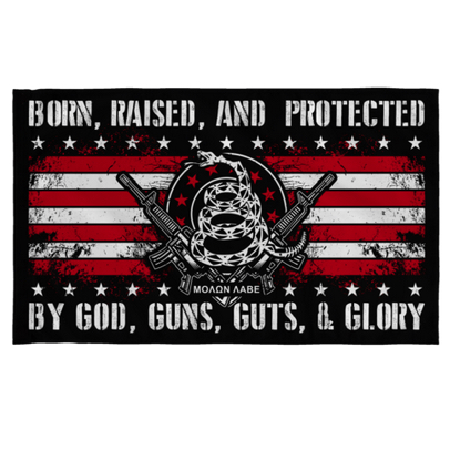 born raised and protected by God, Guns, Guts & Glory Flag - 2nd Amendment Snake Guns Flank both sides, Vintage look to Stripes and Stars