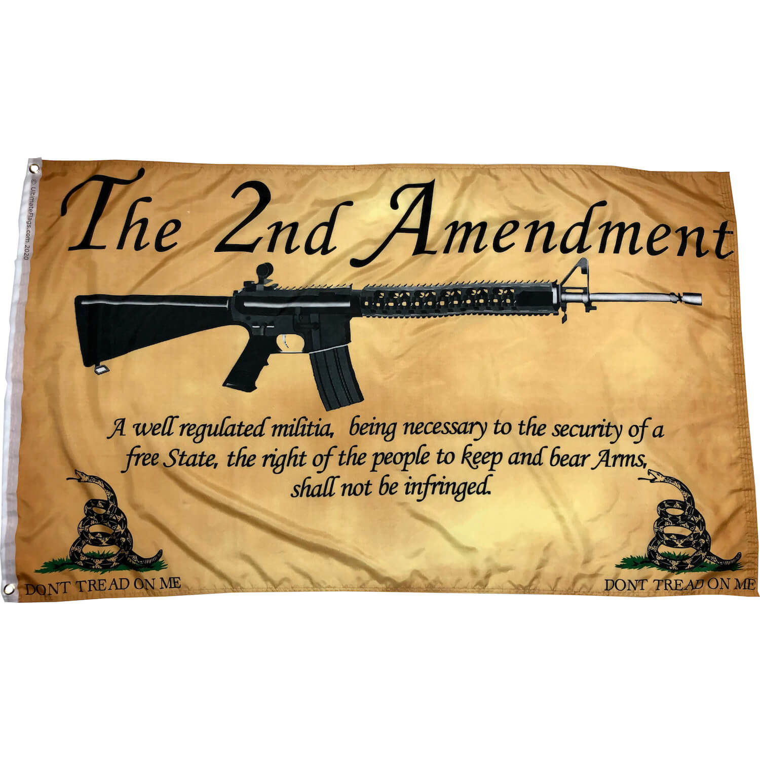 the 2nd amendment flag with gun on parchment paper weathered vintage don't tread on me snakes flanking quote