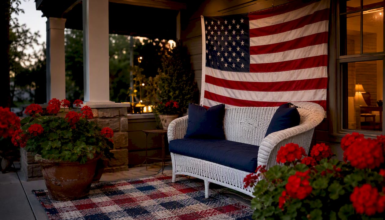 Classic Americana porch decor with flag and planters