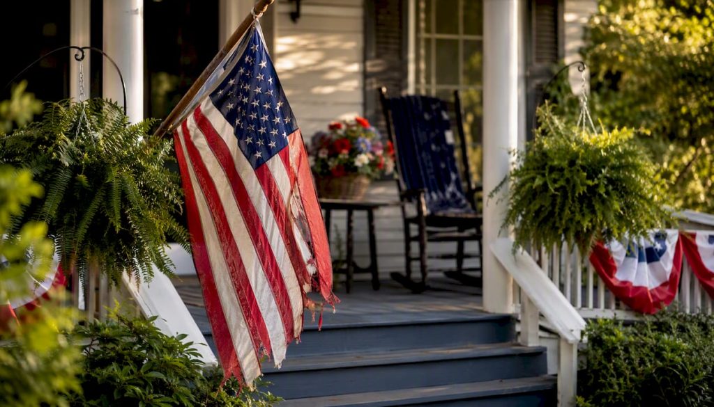 American flag waving on patriotic front porch
