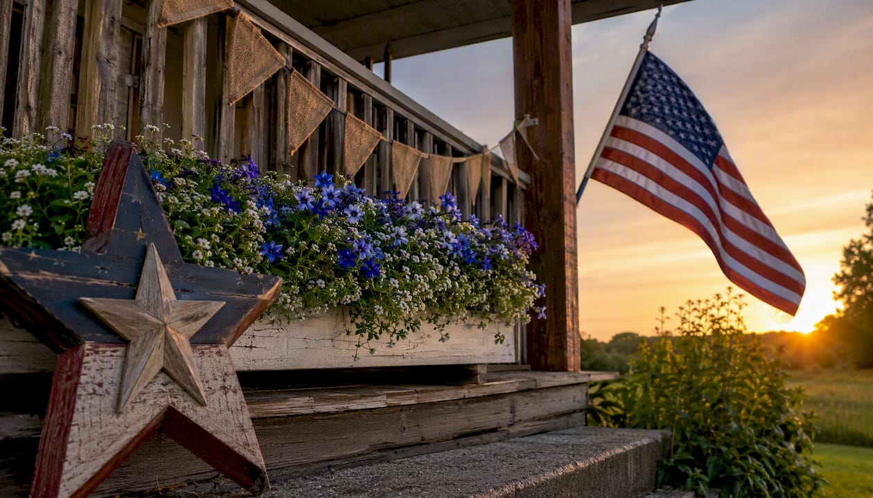 Rustic farmhouse porch with grapevine wreath and flag