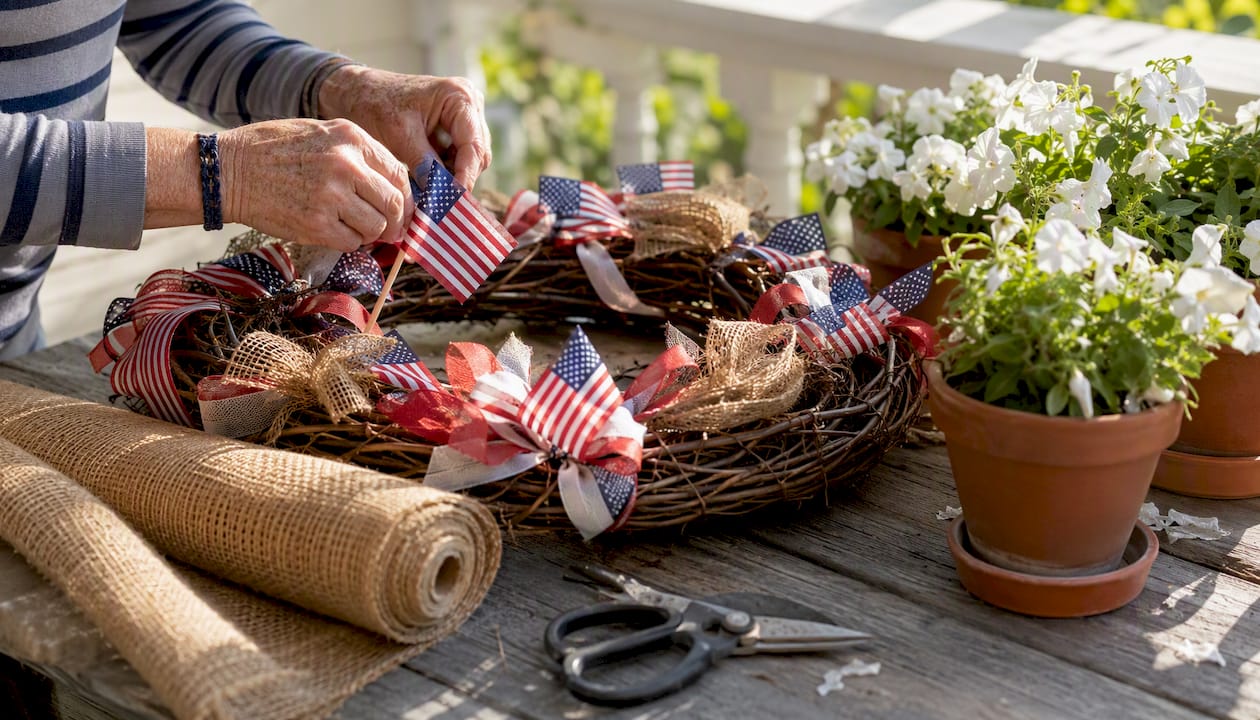 Hands crafting patriotic grapevine wreath