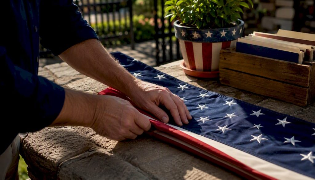 Hands folding American flag for storage