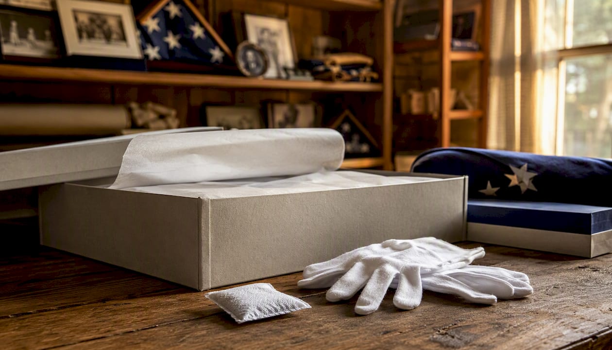 Archival storage materials on table