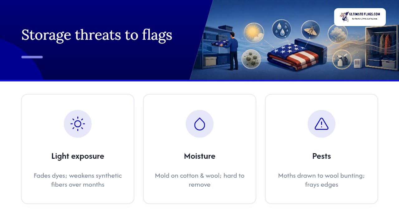 Diagram showing light, moisture, and pests threats to flags