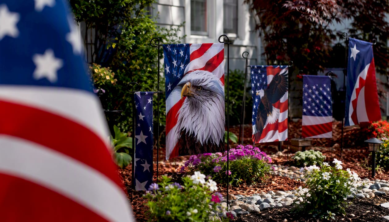 Various garden flags displayed in flower bed