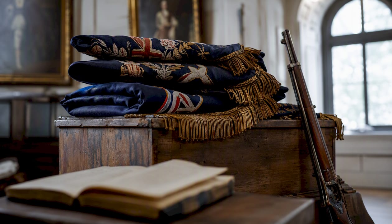 Folded Union regimental flags on display table