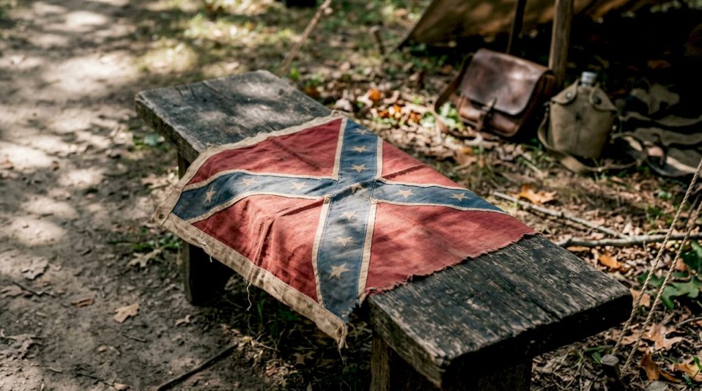 Close-up of Confederate battle flag fabric outdoors