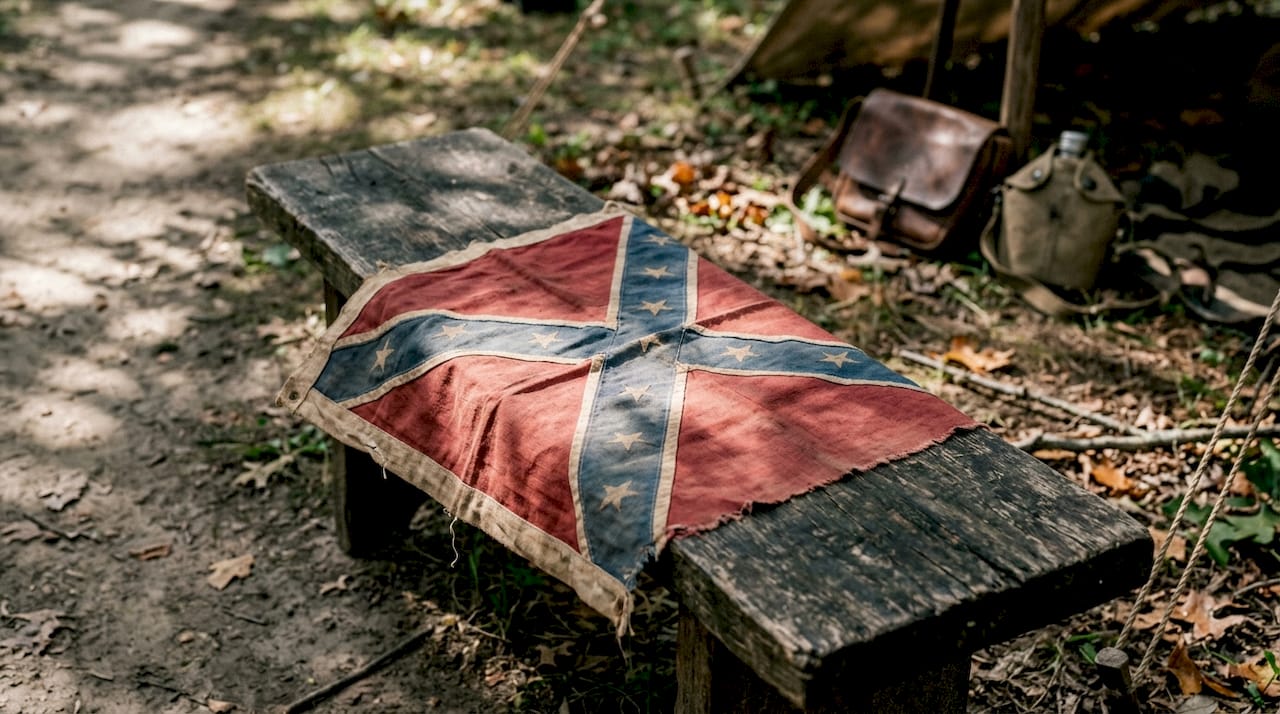 Close-up of Confederate battle flag fabric outdoors