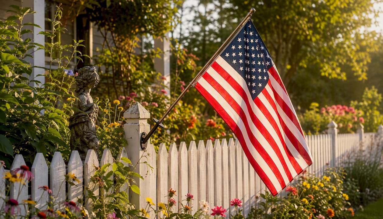 American flag mounted on angled staff on porch column