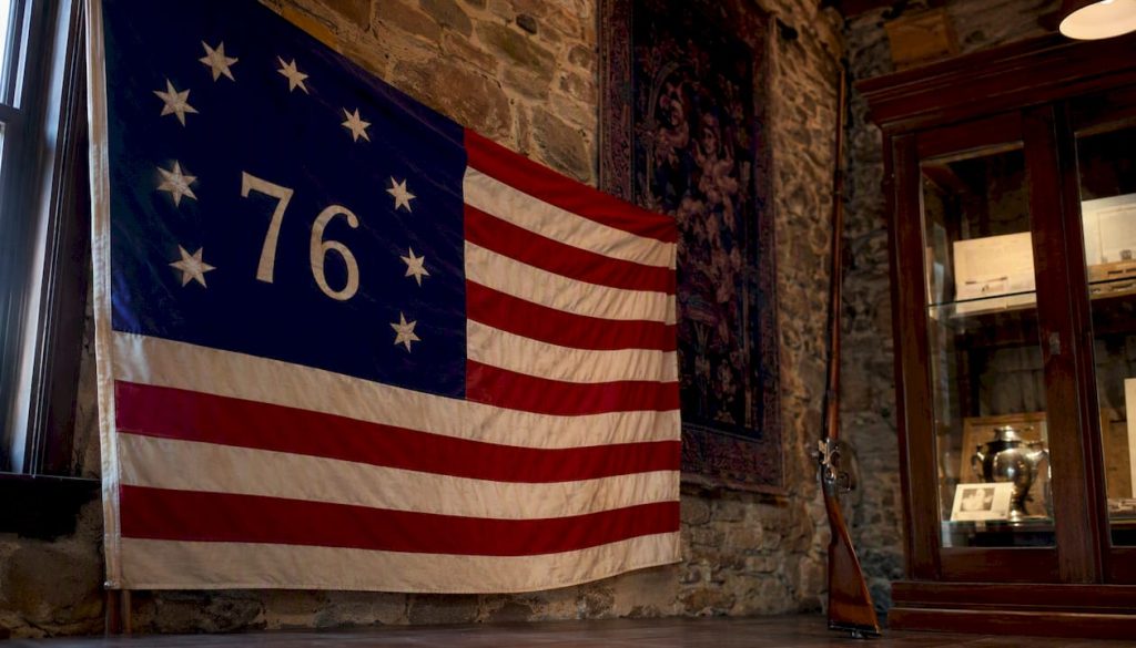 Close-up of Bennington Flag canton with '76' and stars