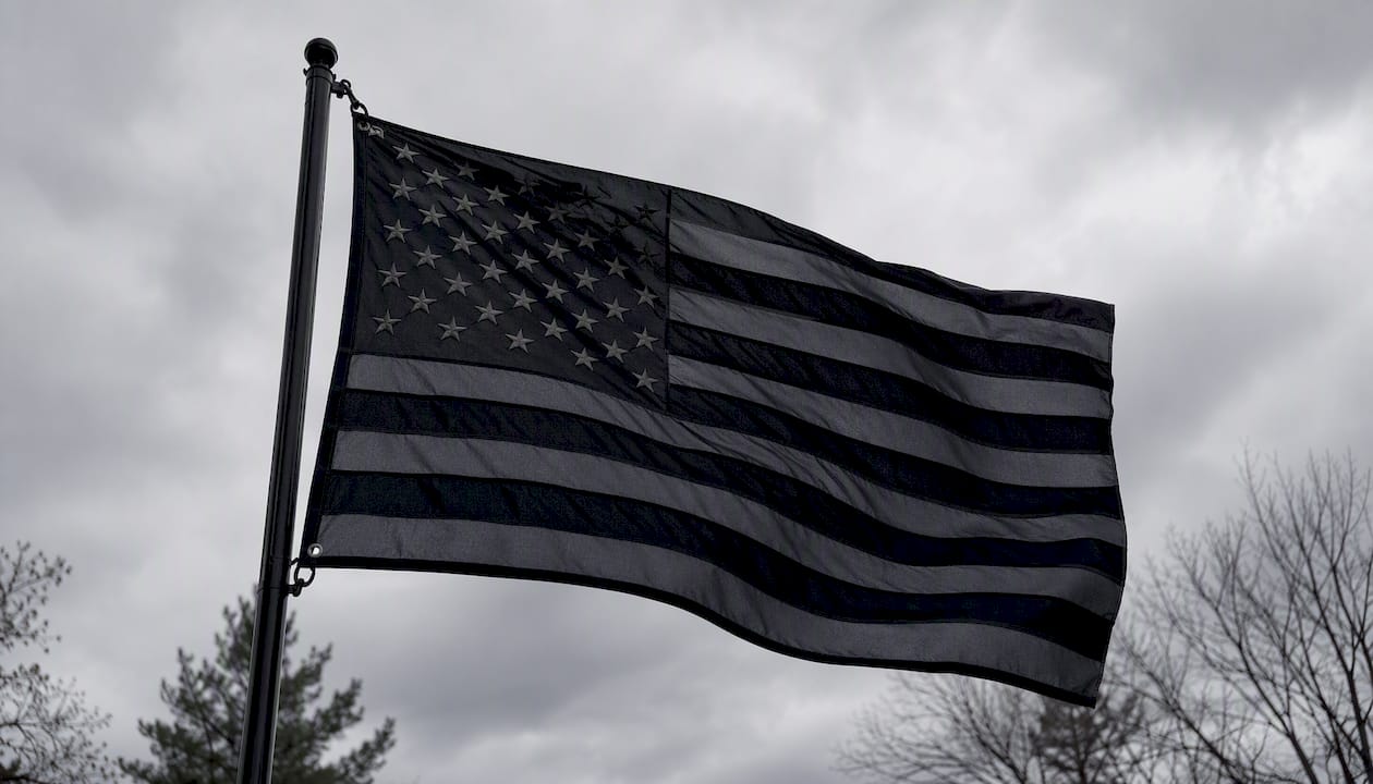 Black American flag as protest banner outdoors