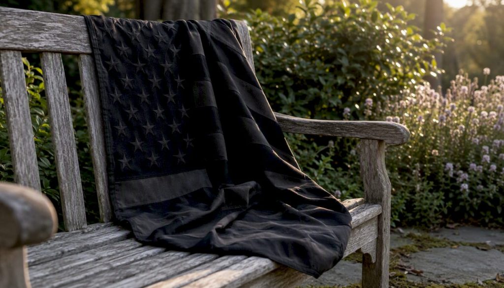 Folded all-black American flag on wood surface