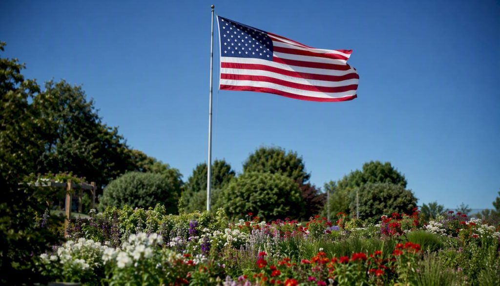 Flag flying on residential flagpole side view