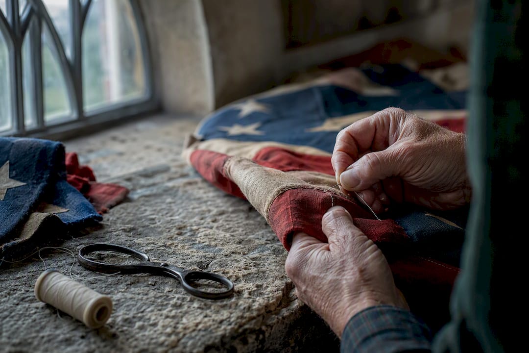 Hands sewing historic-style flag fabric