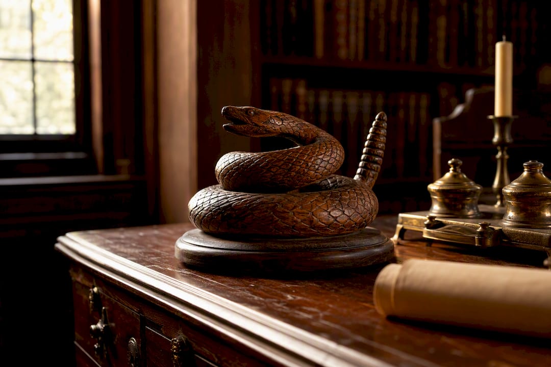 Wooden timber rattlesnake carving on a colonial desk