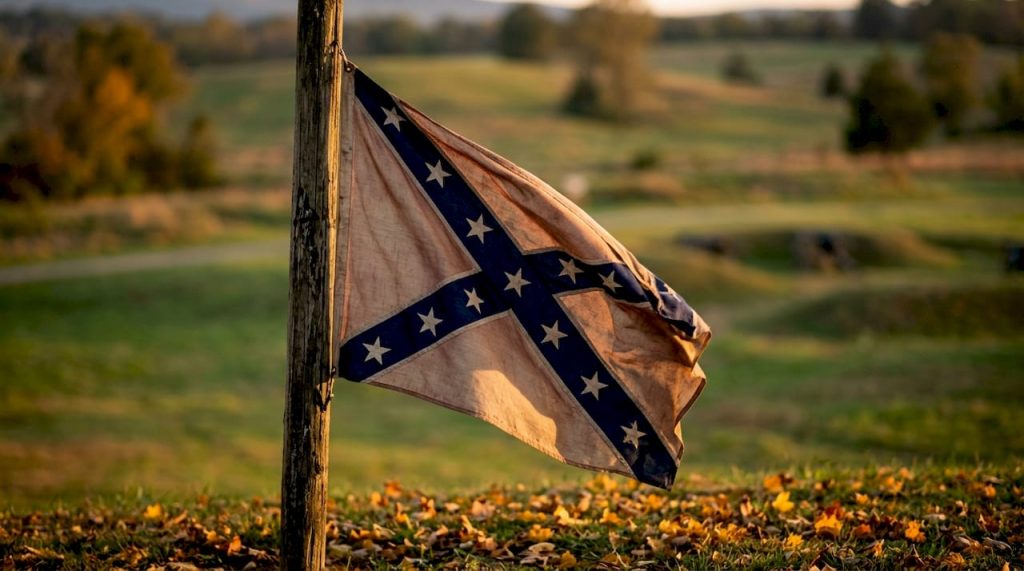Confederate battle flag waving outdoors