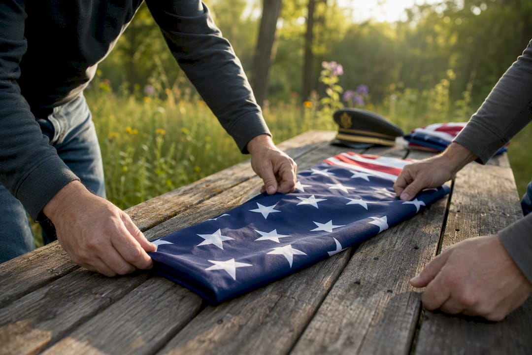 Two people folding American flag precisely
