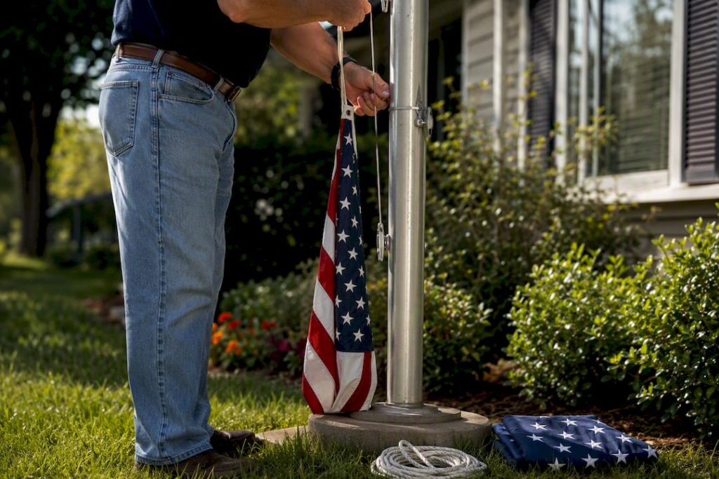 Homeowner lowering telescoping flagpole outdoors