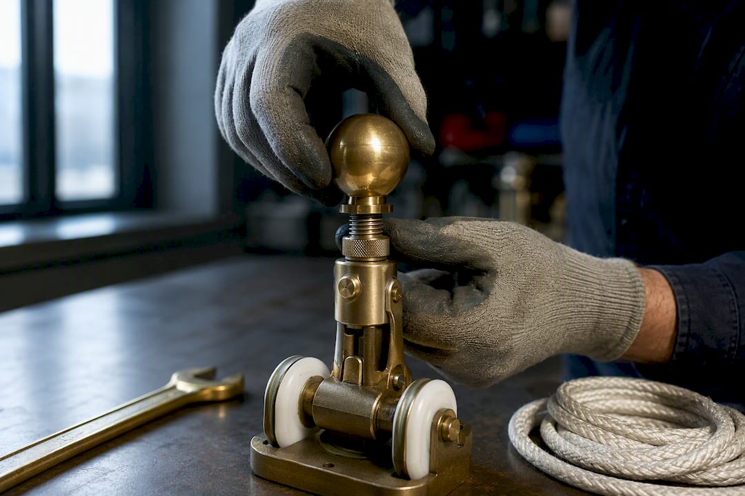 Hands fitting finial onto flagpole truck