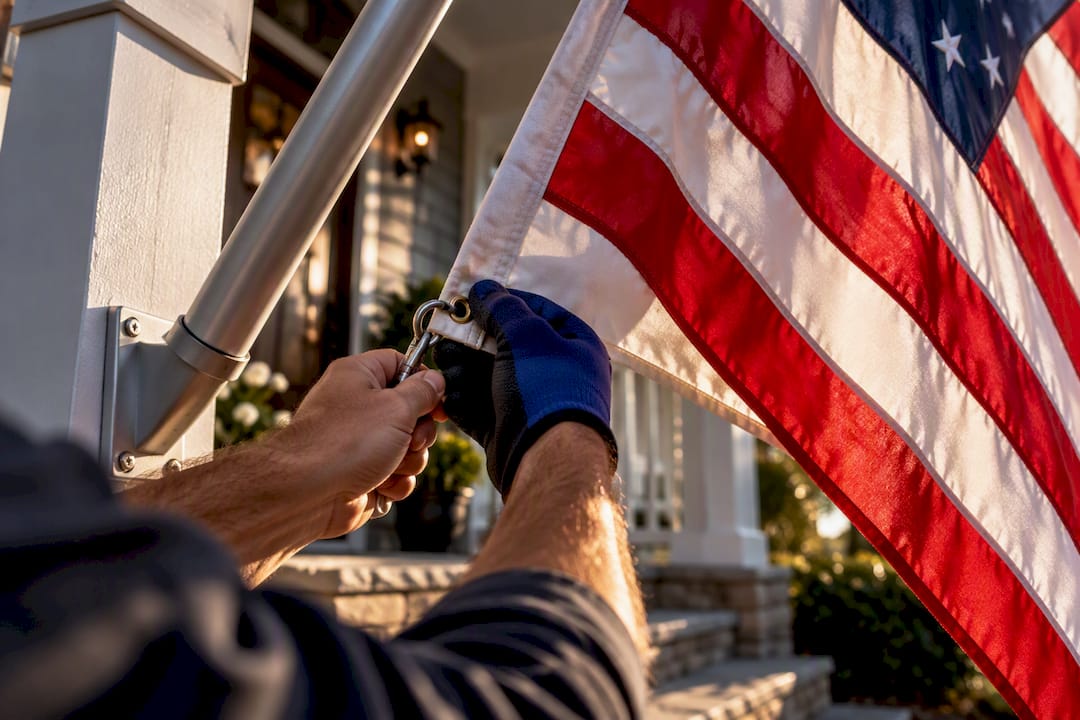 Homeowner securing a flag at a front entry