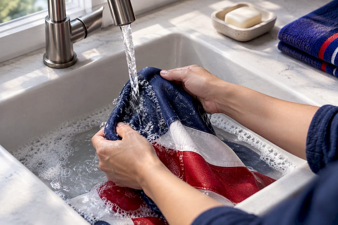 Hands rinsing outdoor flag fabric