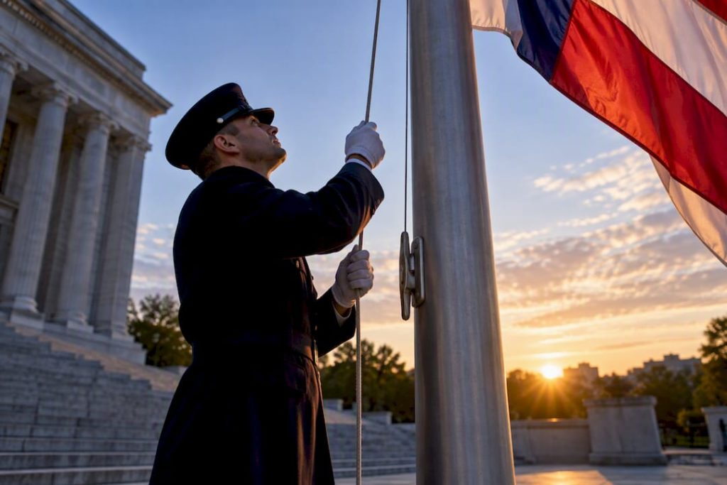 Flag fabric being hoisted at sunrise