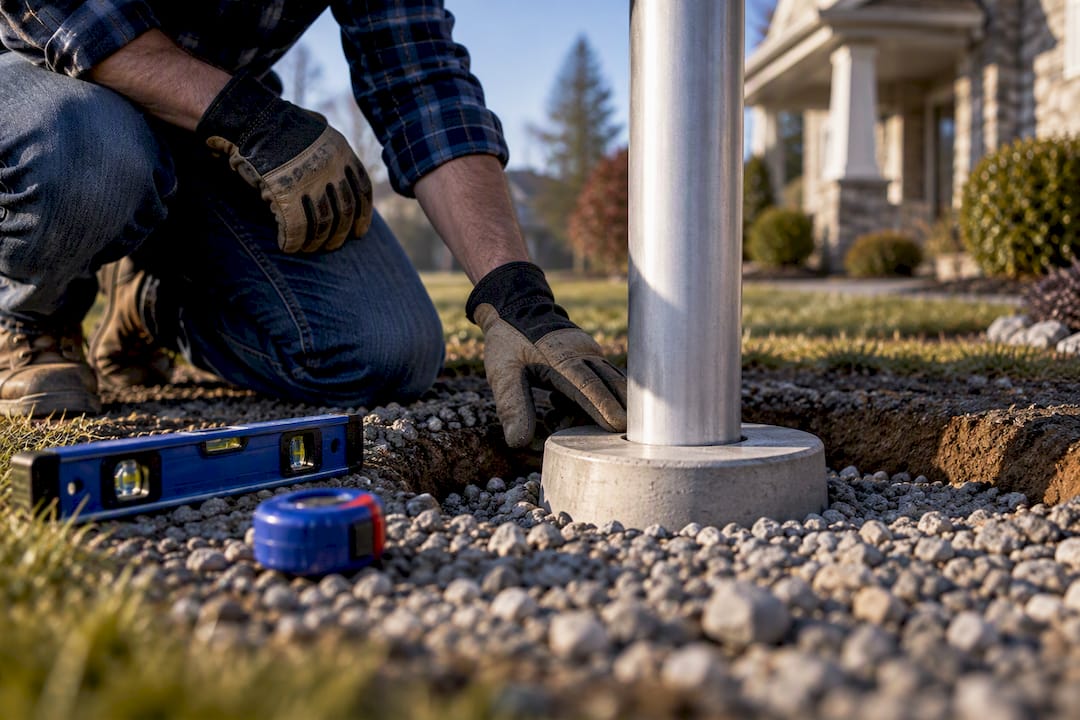 Homeowner measuring a flagpole foundation