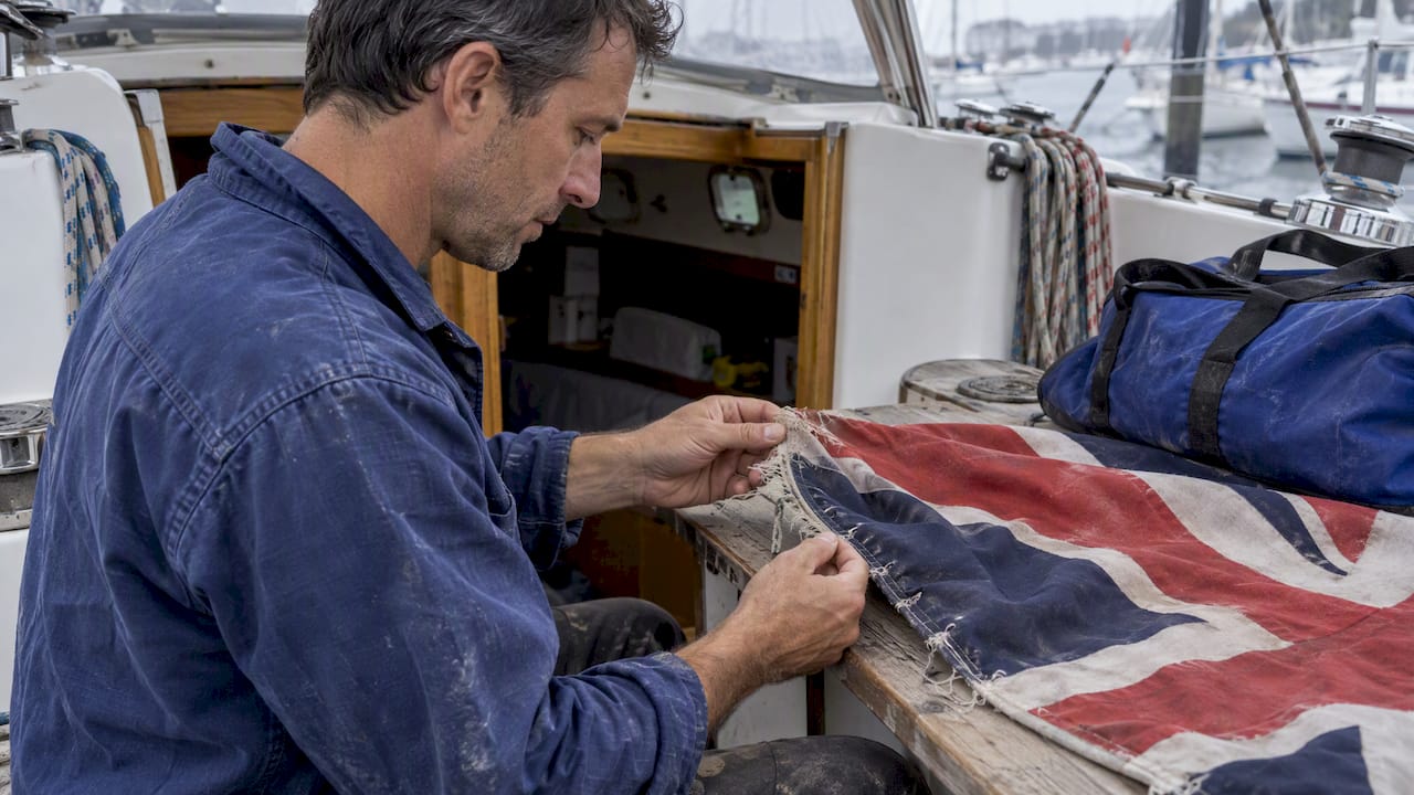 Owner inspecting frayed ensign fabric