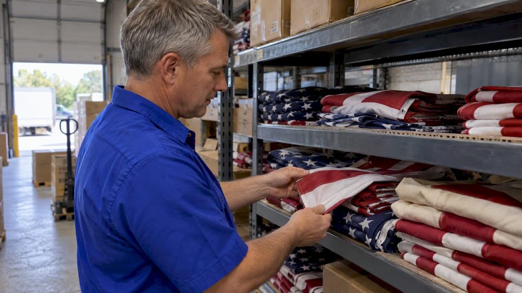 Buyer comparing American flag fabrics