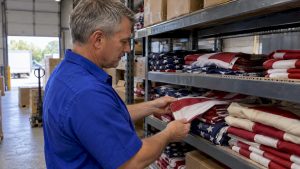 Buyer comparing American flag fabrics