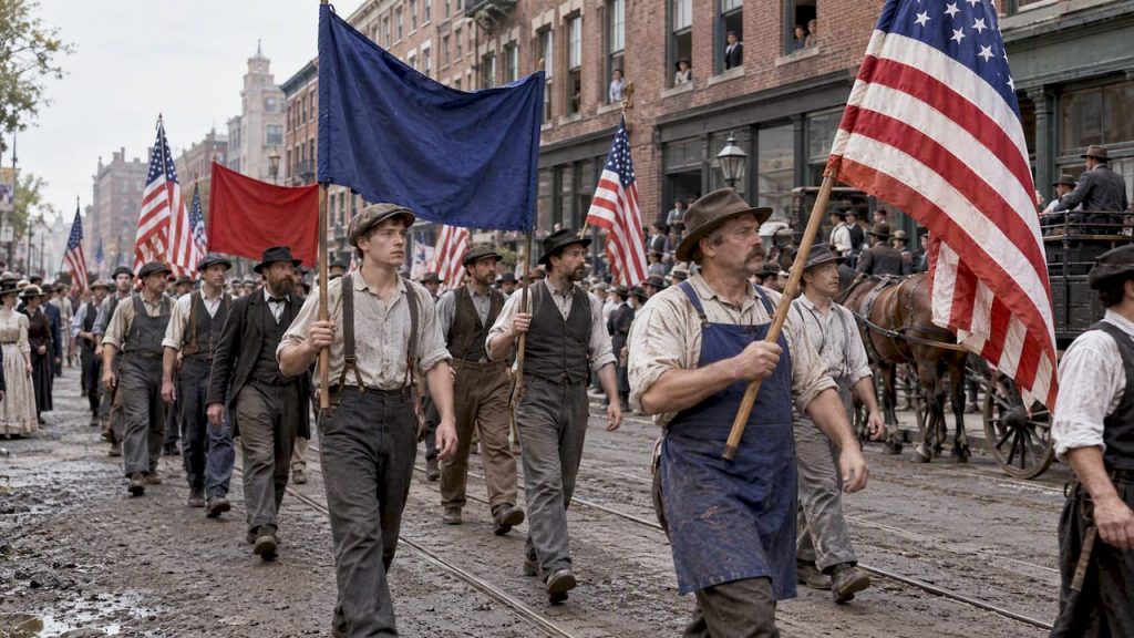 Historical labor parade with American flags
