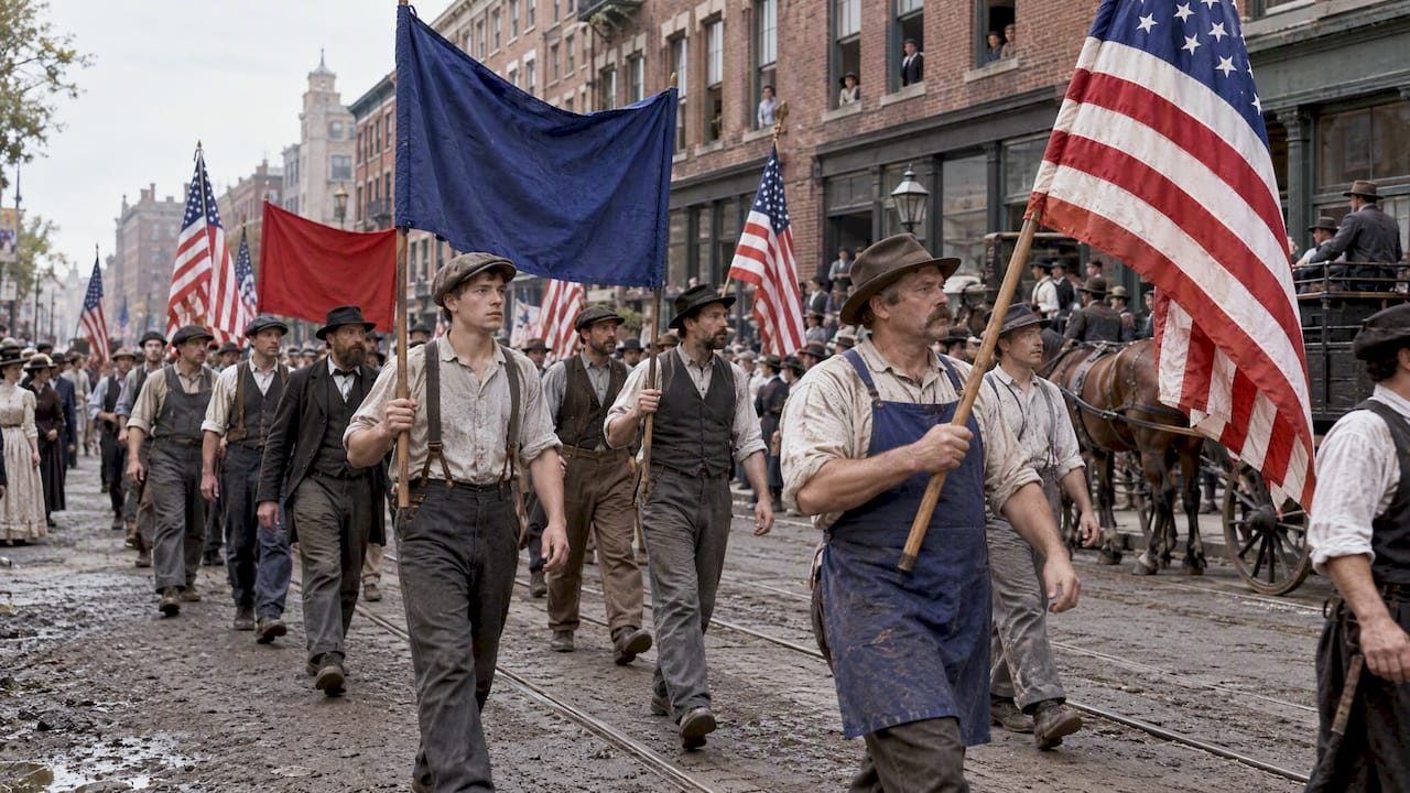 Historical labor parade with American flags